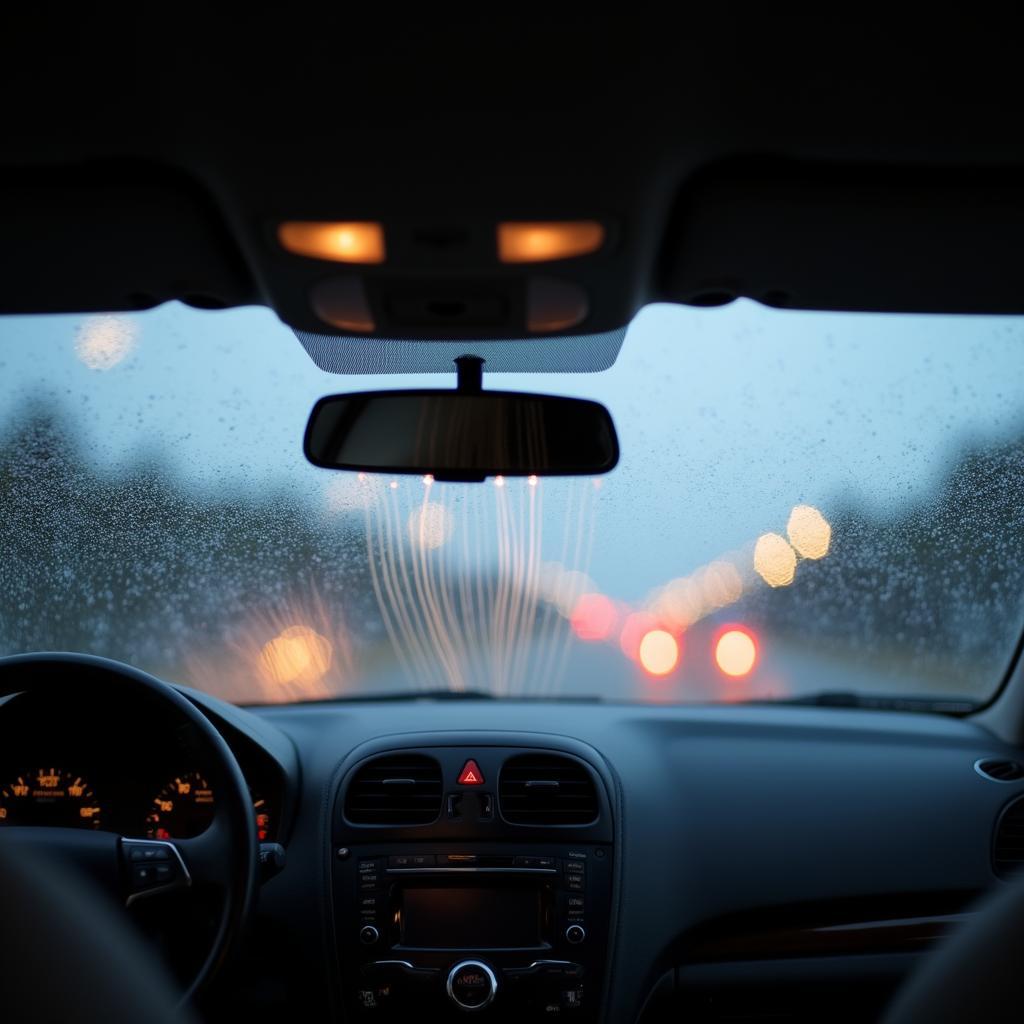 A clear car rear window with active demister lines.