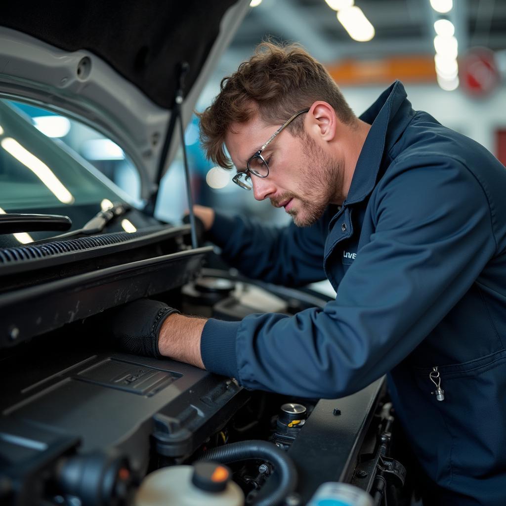 A car receiving a final inspection at a car body repair shop in Middlesbrough