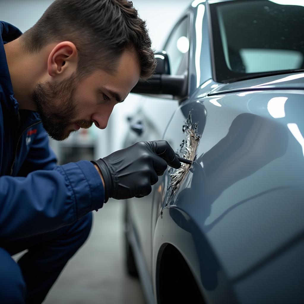 Technician assessing car damage