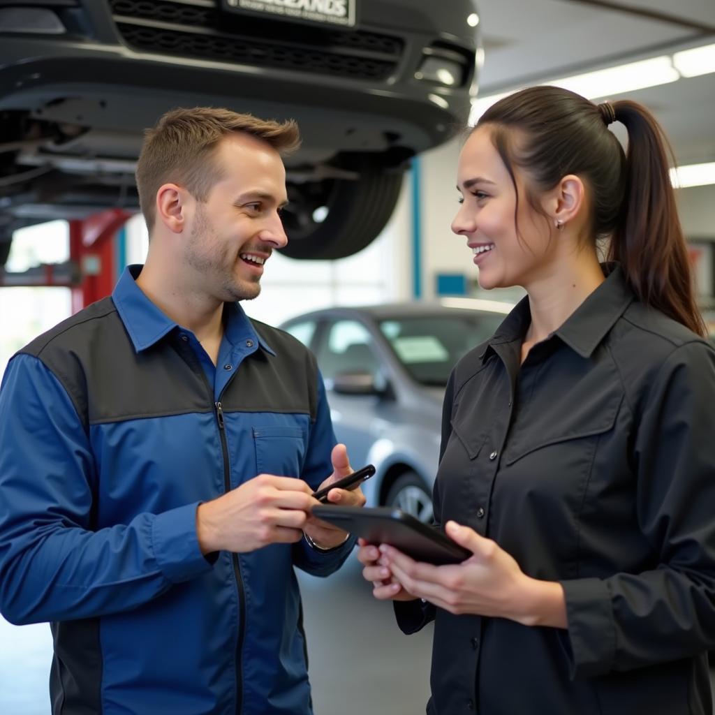 Customer discussing car repair options with a service advisor in Canoga Park