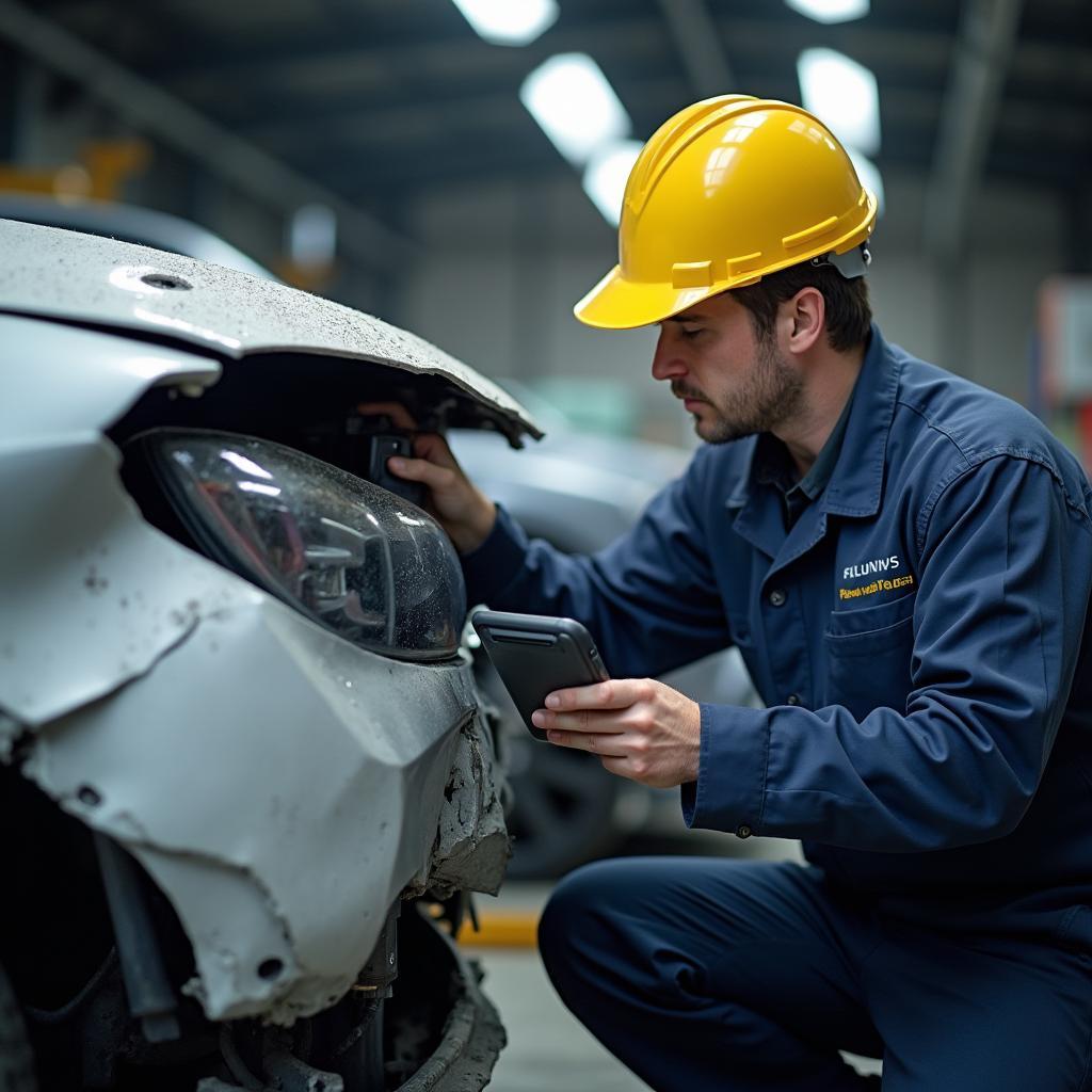 A technician inspecting a car for repair costs in Crawley