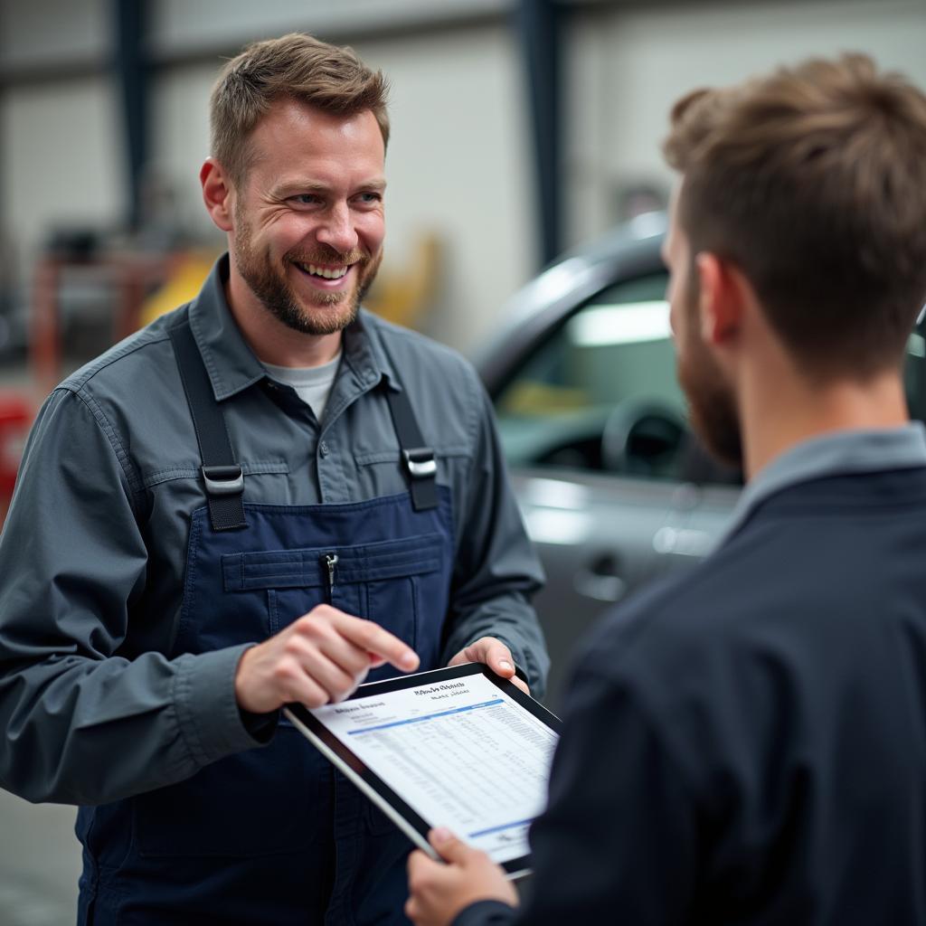 Mechanic discussing car repair estimate with customer