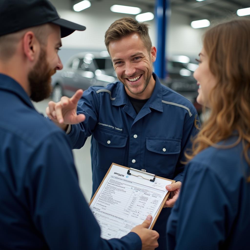 Mechanic discussing a repair estimate with a car owner