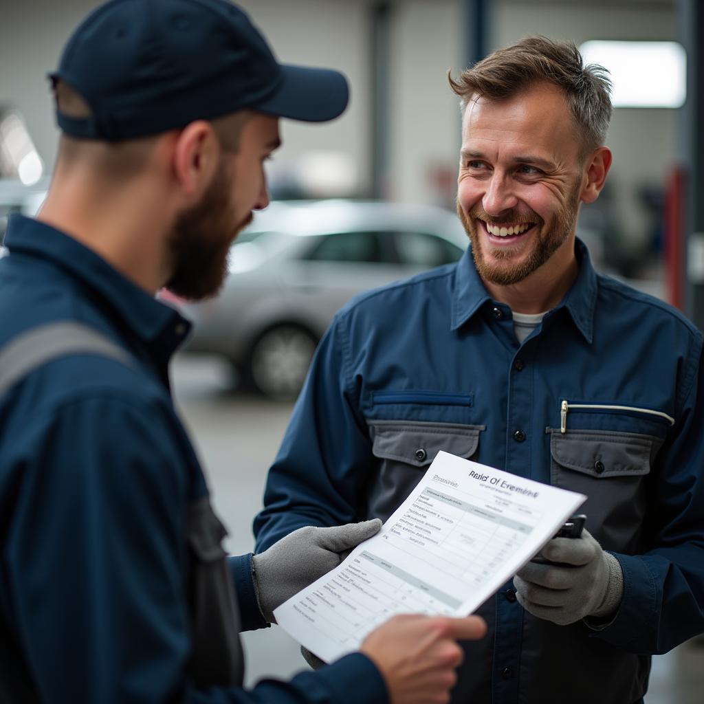 Mechanic discussing car repair estimate with customer