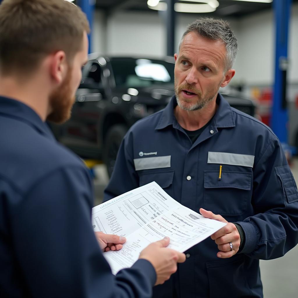 A mechanic discussing a car repair estimate with a customer