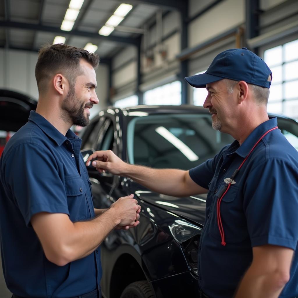 Mechanic inspecting car damage with a customer