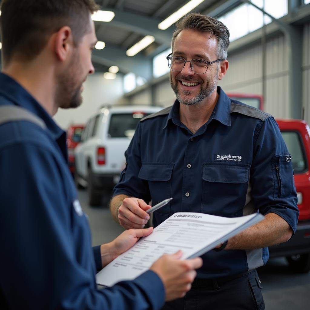 A technician reviewing a car repair estimate with a customer in Clydebank