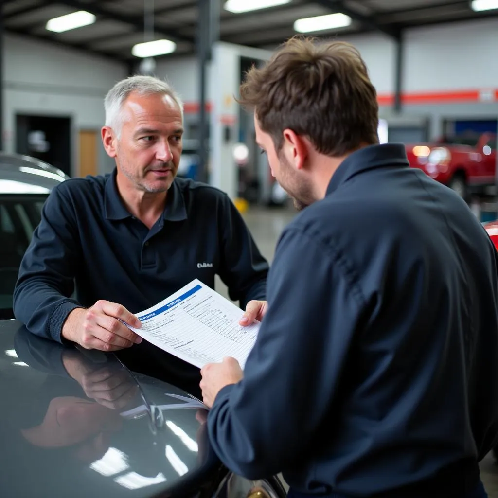 Car owner discussing repair estimate at Dane Mill Business Centre