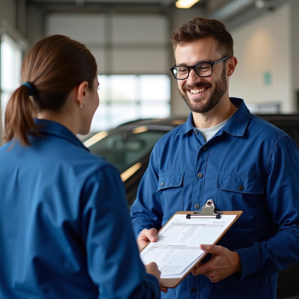 A customer reviewing a car repair estimate with a mechanic in Ecclesfield