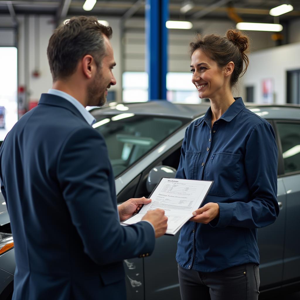 Customer receiving a car repair estimate at a shop on Hammonds Drive