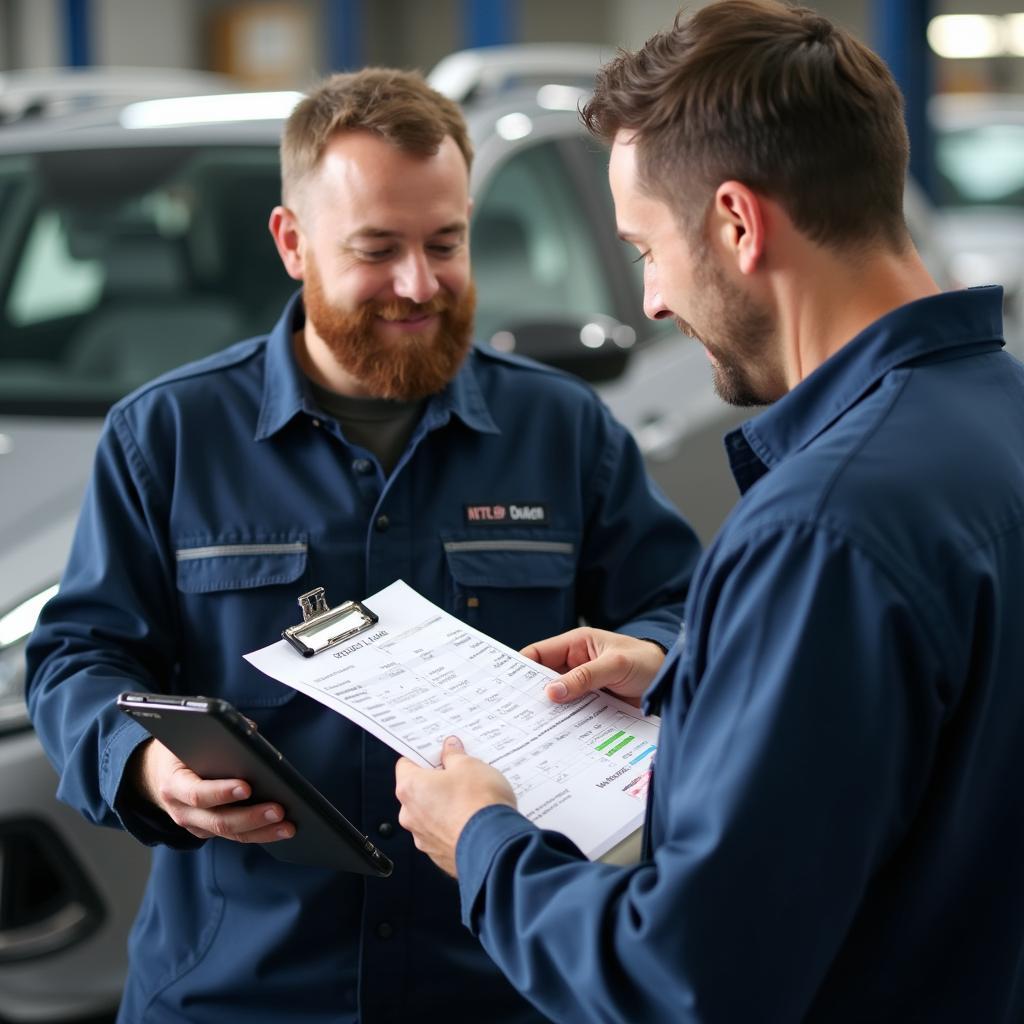 Discussing a car repair estimate with a technician in Hucknall