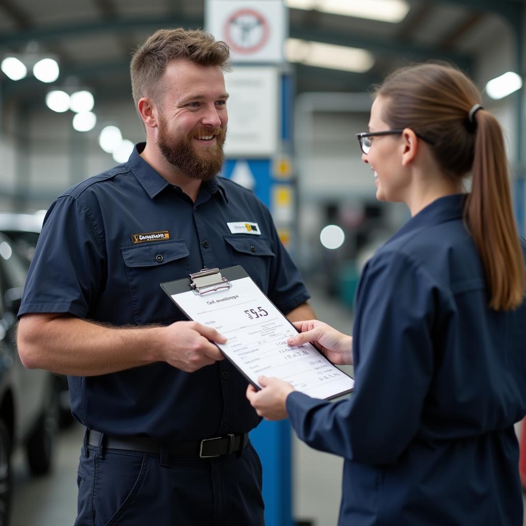 Mechanic discussing car repair estimate with a customer in Ipswich