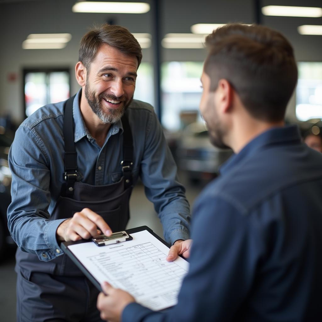 Mechanic discussing car repair estimate with customer in Pinhoe