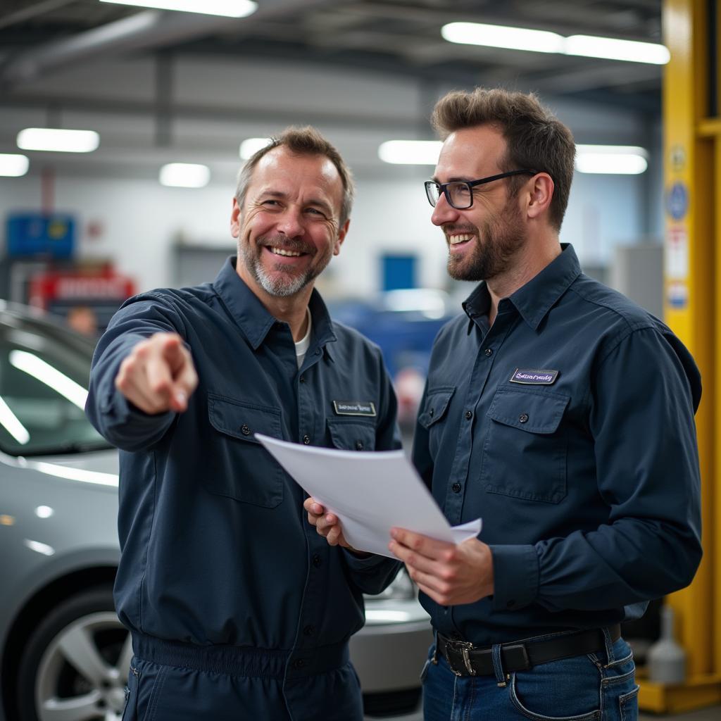 Car owner discussing a repair estimate with a mechanic in Salford.