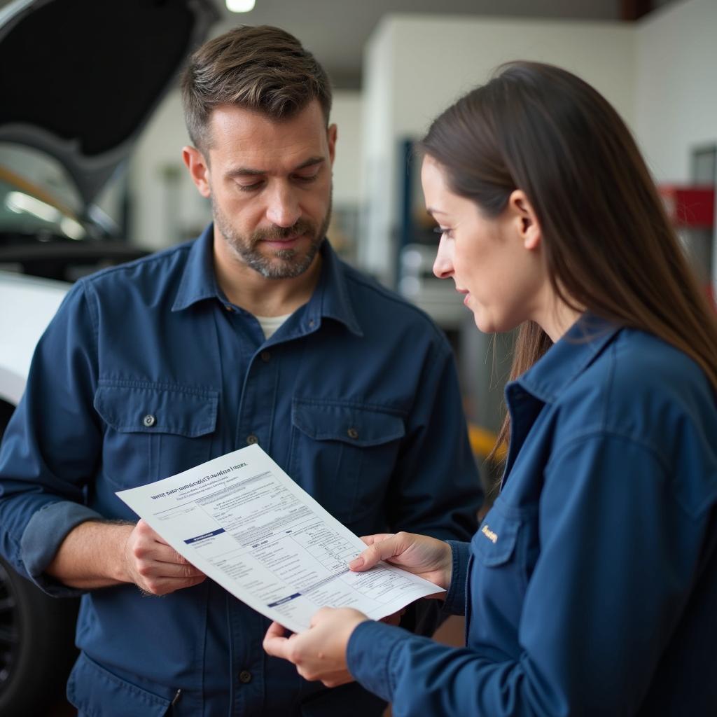 Mechanic discussing car repair estimate with a customer in Whitefield