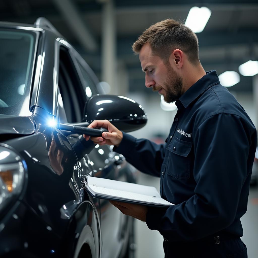 A car repair expert in Uckfield inspects a vehicle for damage.