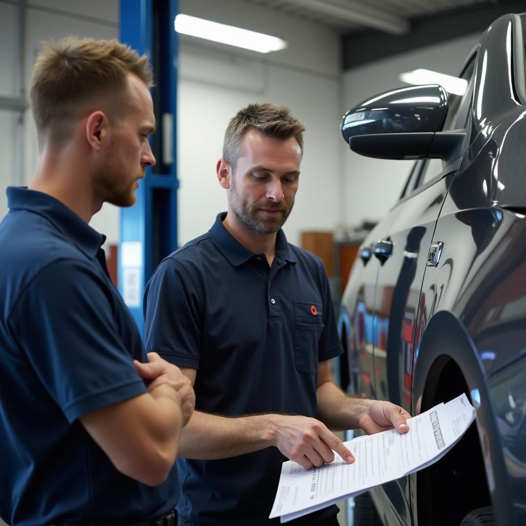 Customer consulting with a car repair professional in Fife