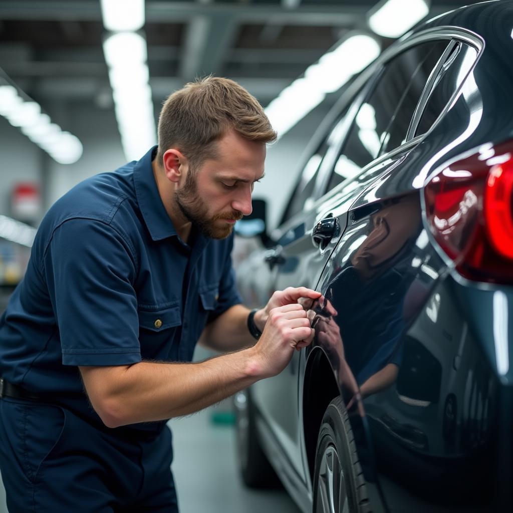 Skilled technician performing a quality check on a repaired car in Wishaw.