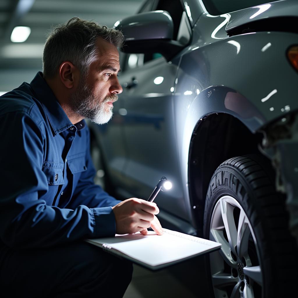 Car repair specialist examining damage