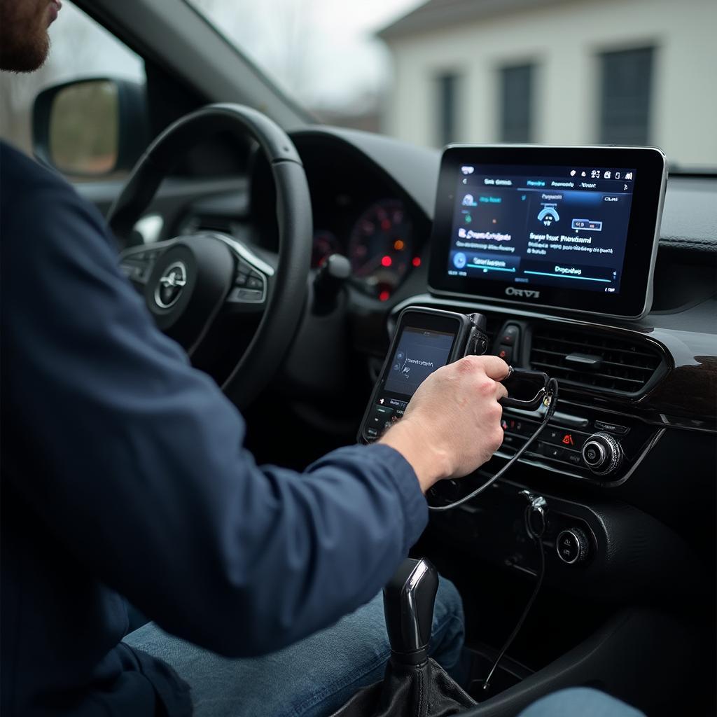 Technician Using Diagnostic Tool on Car's Infotainment System