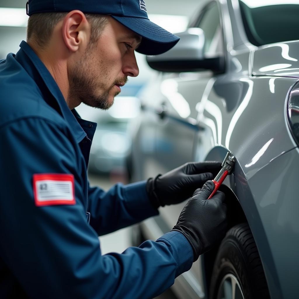 Experienced car repair technician in Evesham examining a car dent