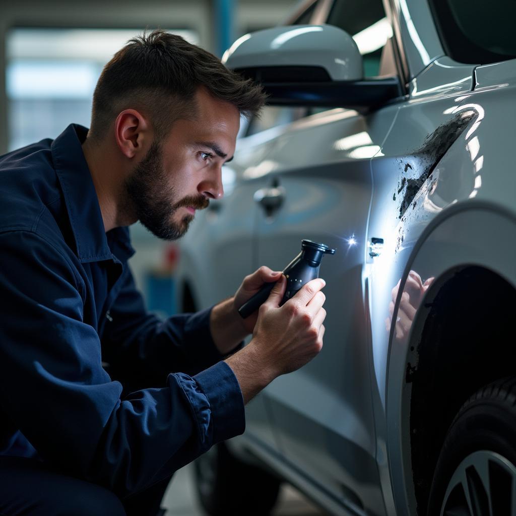 Experienced car repair technician inspects vehicle damage