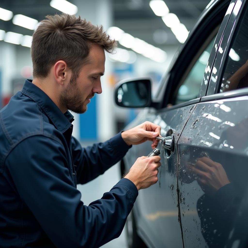 Experienced car repair technician in Poulton-Le-Fylde examining a damaged car door