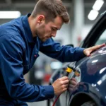 Skilled technician repairing car body damage after an accident