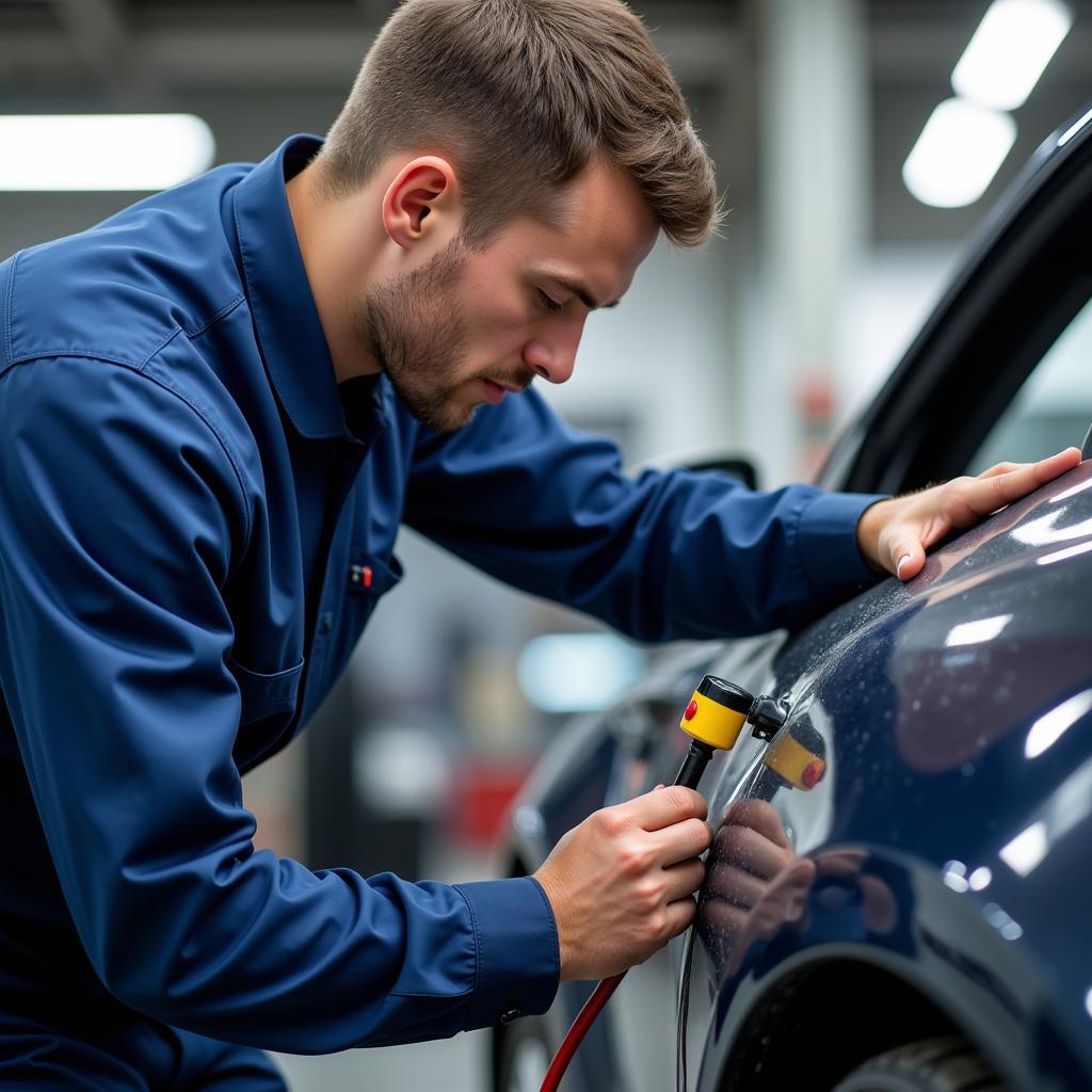 Skilled technician repairing car body damage after an accident