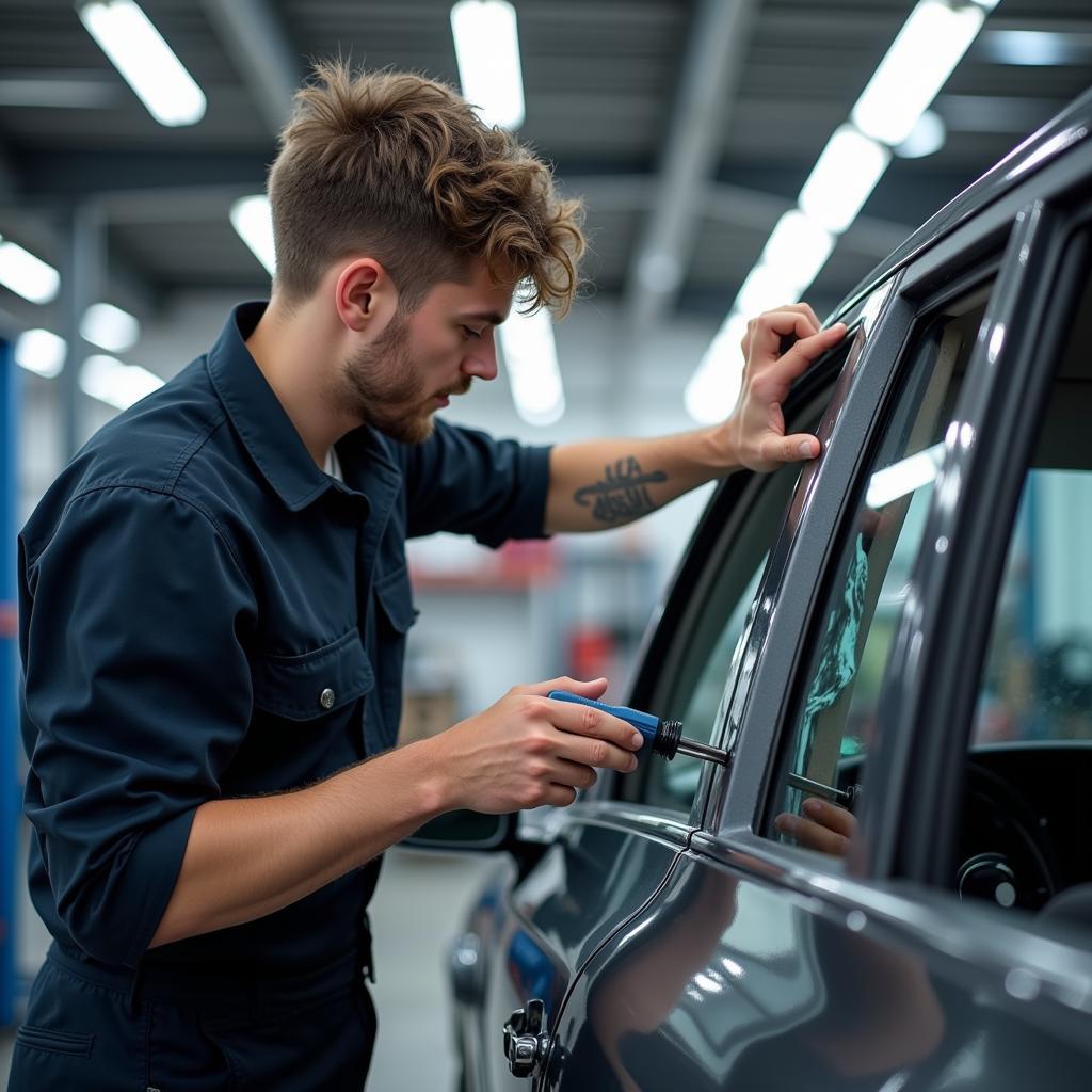 Car Window Repair Technician Assessing Damage