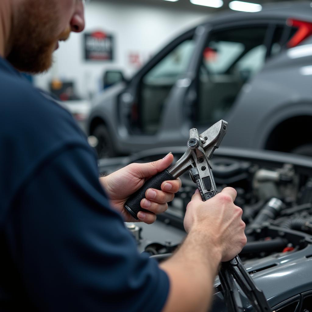 Skilled technicians working on a car body repair at Brian Car Body Repairs Limavady