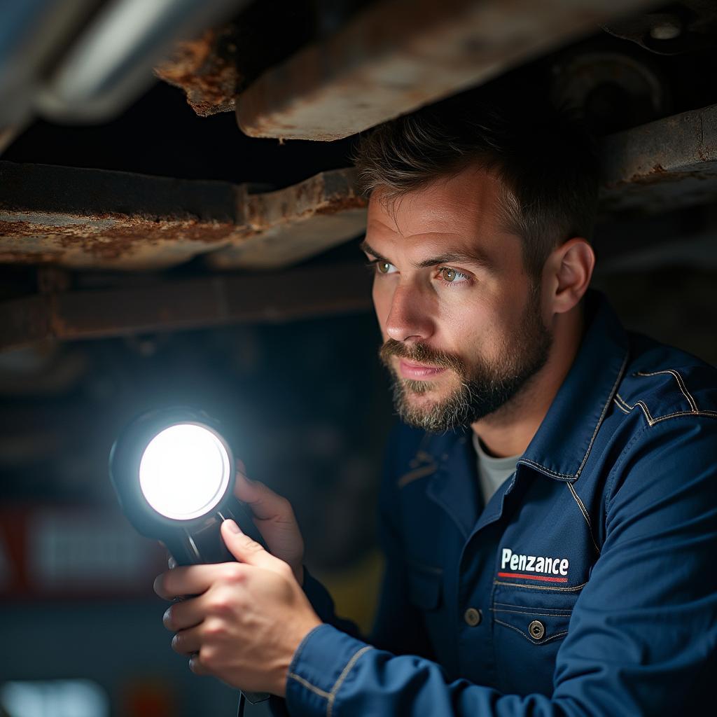 Mechanic inspecting rust damage in Penzance garage