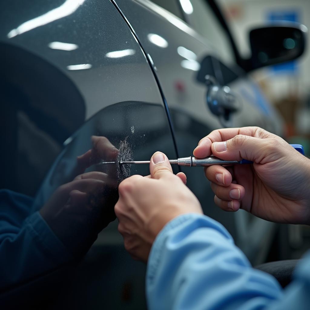 Close-up of car scratch repair