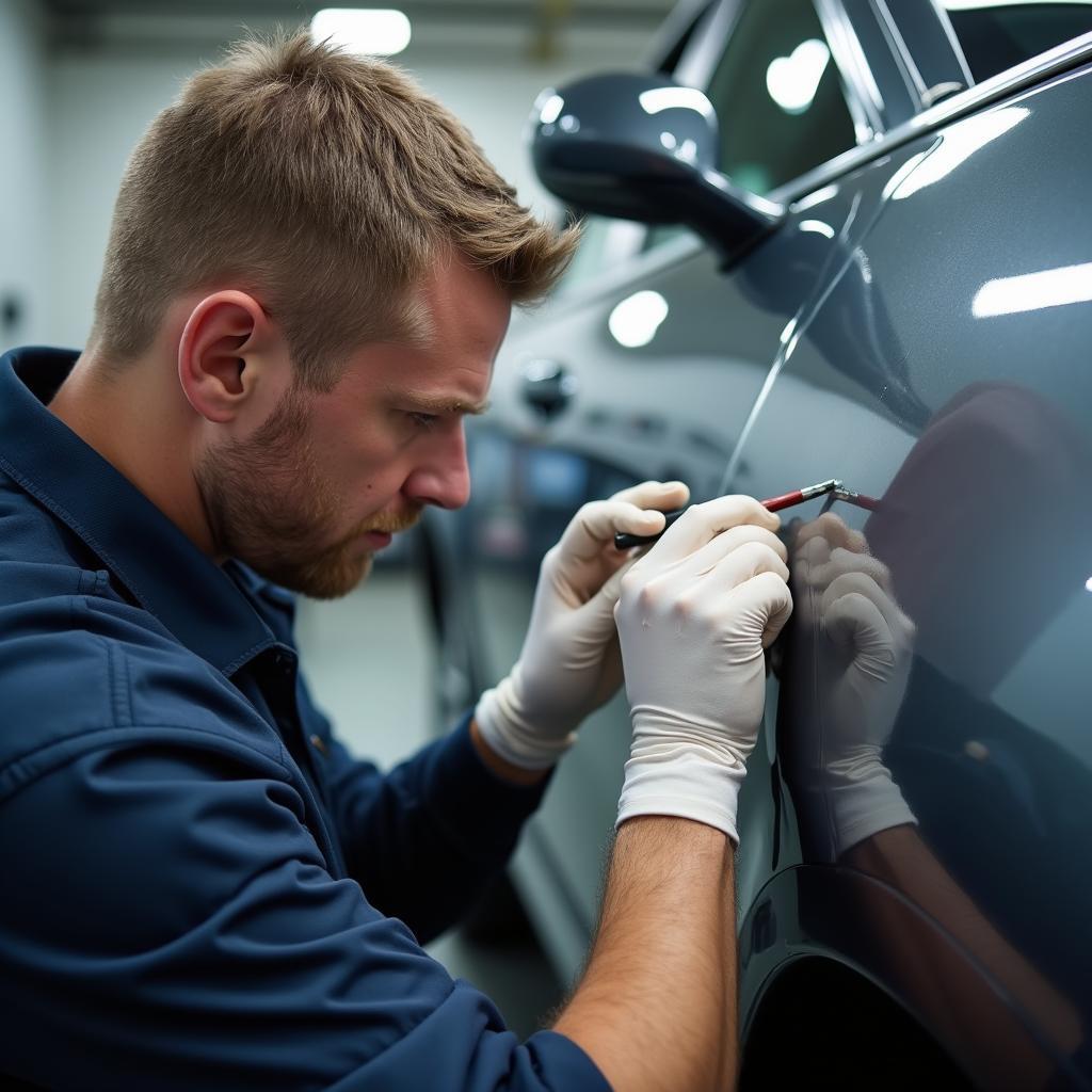 Close-up of a car scratch being repaired at a Chichester body shop