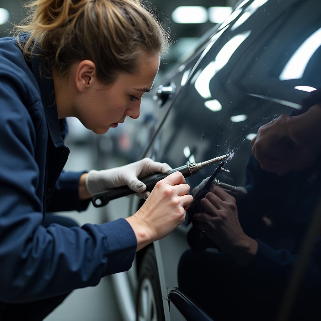 Close-up of a car scratch being repaired in Pittenweem