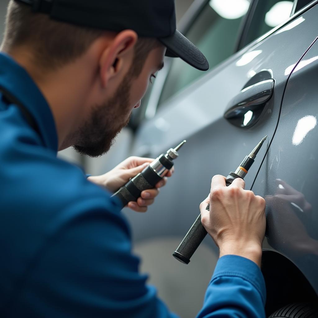 Close-up of a car scratch being repaired by a technician in Sheffield