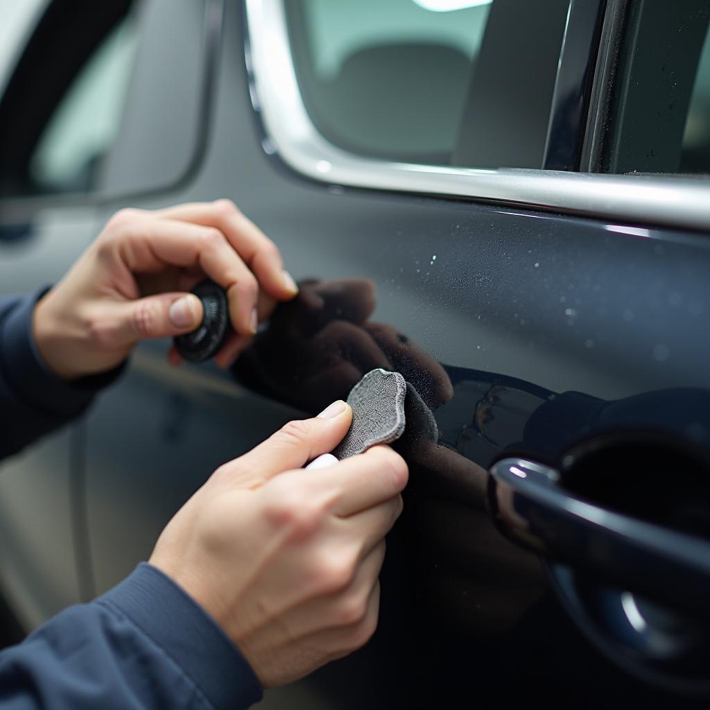 Close-up of a car scratch being repaired in a Sidcup body shop