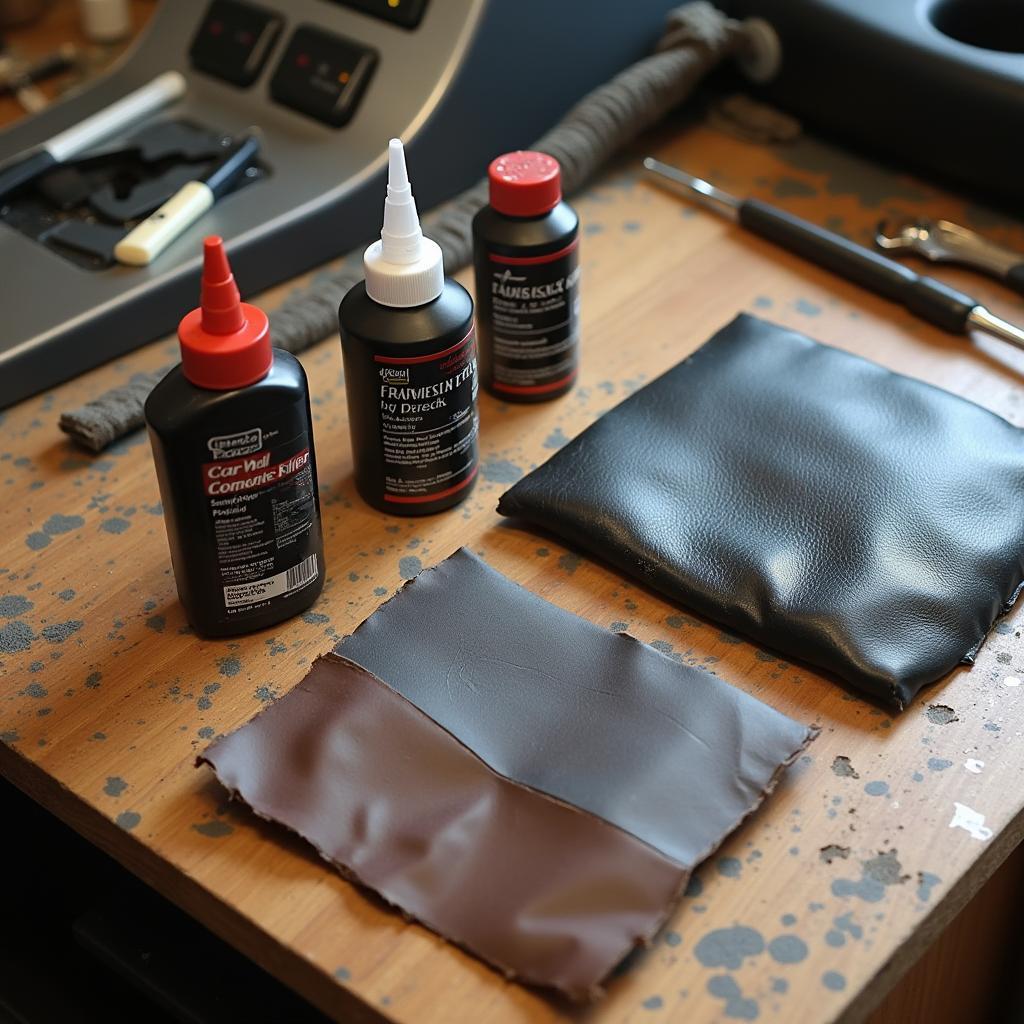 A car seat repair kit with various tools and materials.