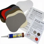 Car seat repair kit with fabric, tools, and instructions.