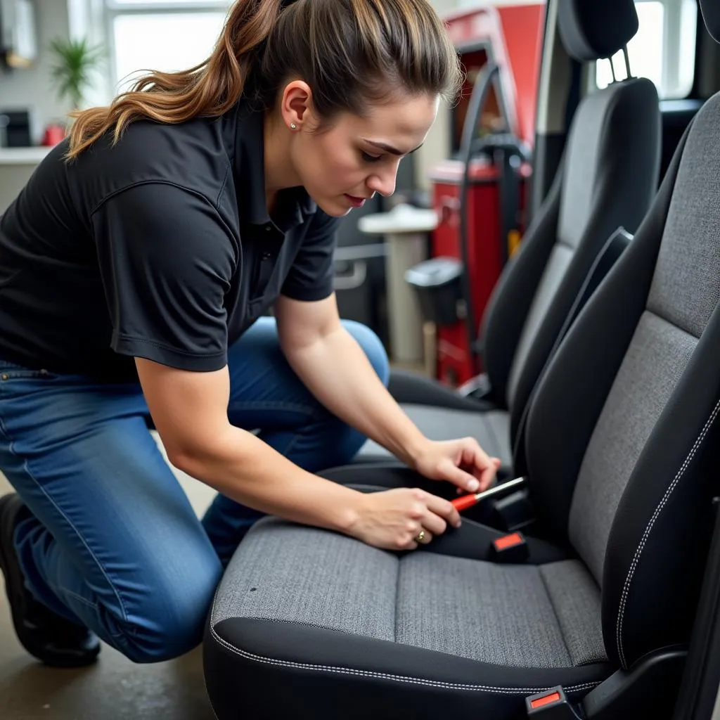 Car Upholstery Repair Specialist Examining Damaged Seat