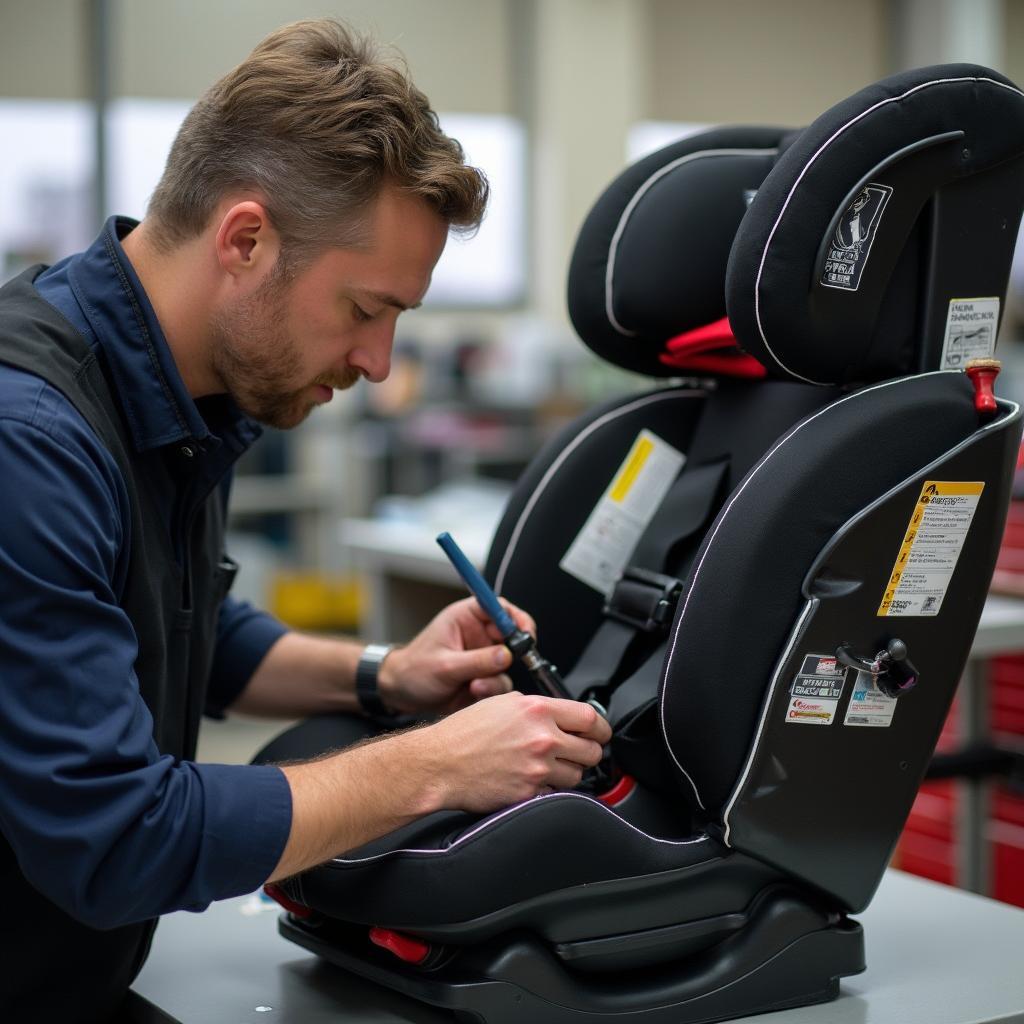 Car Seat Repair Technician Examining Seat