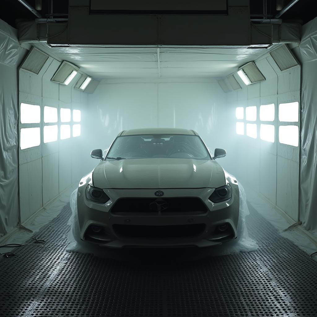 Car undergoing spray painting in a Blyth workshop