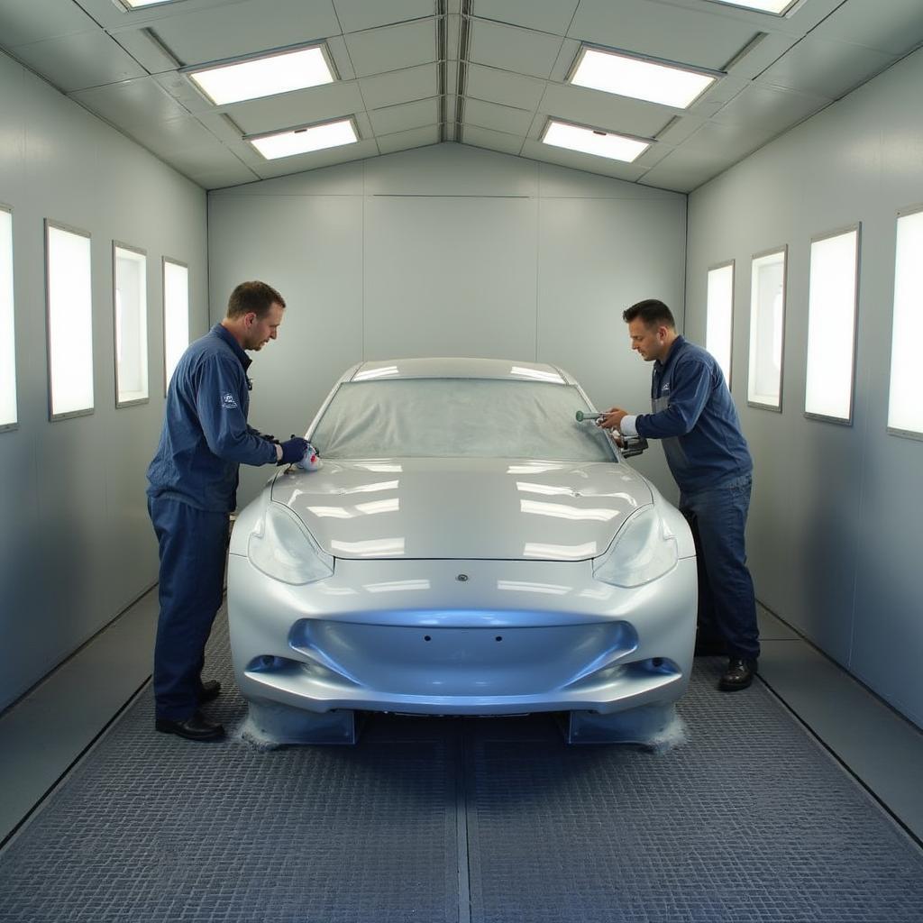 Car undergoing professional spray painting