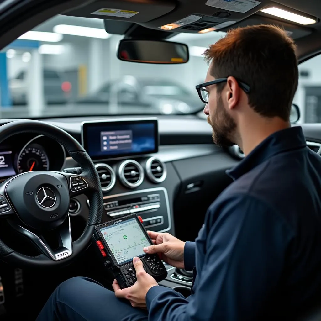 Car stereo repair technician diagnosing a problem in a Mercedes-Benz vehicle