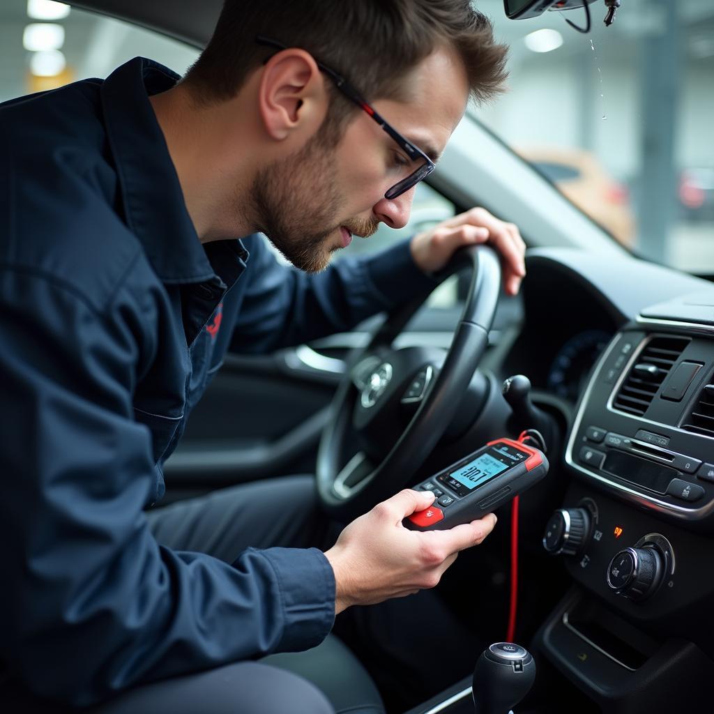 A car technician connecting a diagnostic tool to a car's computer system