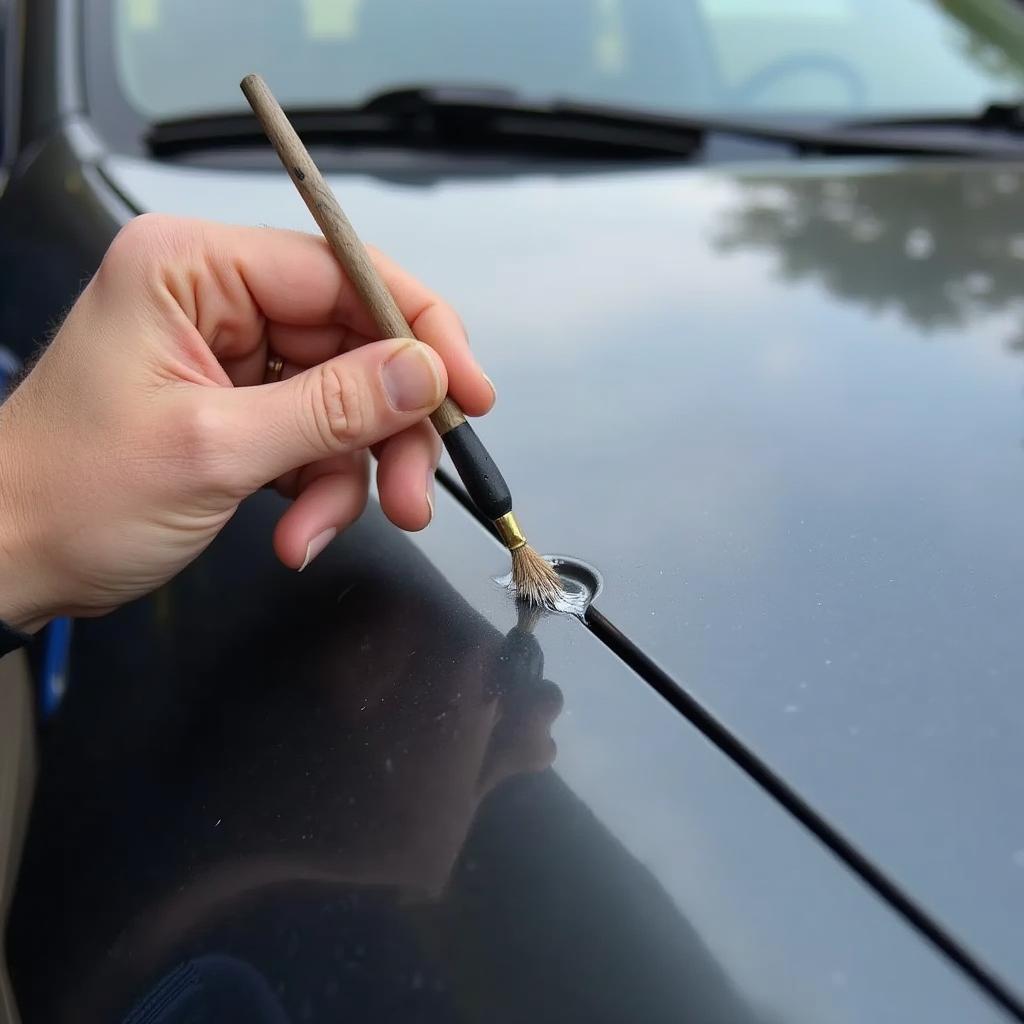 Applying car touch up paint.