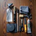 Car upholstery repair tools arranged on a workbench.