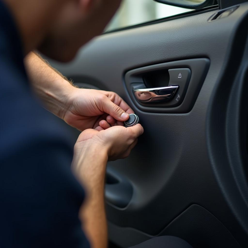 A mechanic replacing a car window button