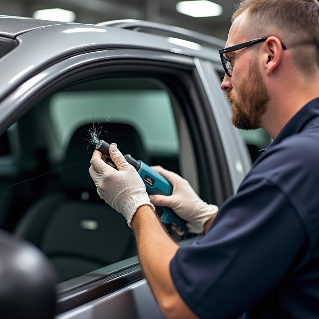 Technician repairing a car window chip in Alpharetta