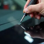 Close-up of a technician repairing a car window chip in a Derby garage